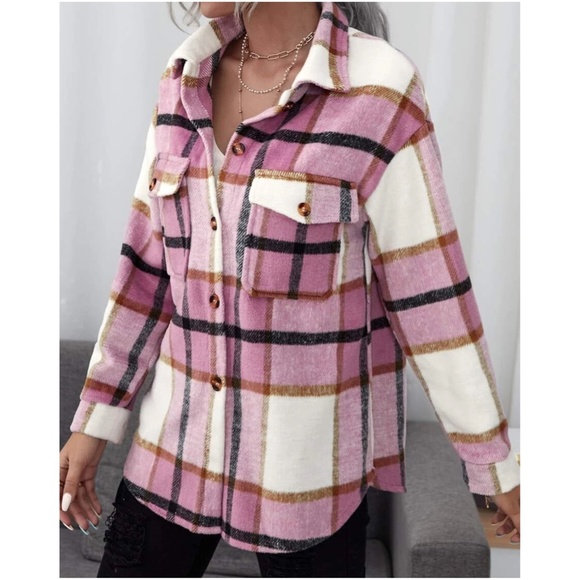 Cozy Plaid Pocket Button Down Oversized Jacket Shacket - Picture 8 of 9